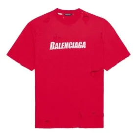 Men”s Balenciaga Alphabet Printing Pattern Hole Round Neck Short Sleeve Red 651795TKVB86295