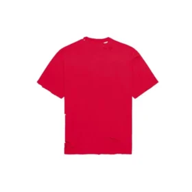 Men”s Balenciaga Alphabet Printing Pattern Hole Round Neck Short Sleeve Red 651795TKVB86295