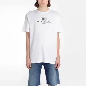 Men”s Balenciaga Logo Printing Round Neck Short Sleeve White 556150TYK239000