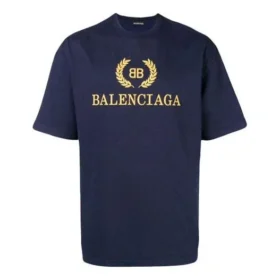 Men”s Balenciaga Logo Round Neck Short Sleeve Navy Blue 535622TAV044128