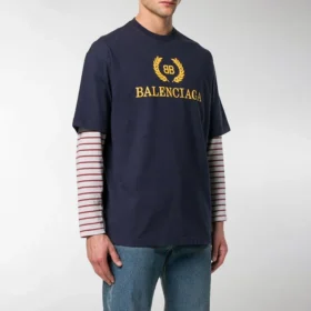 Men”s Balenciaga Logo Round Neck Short Sleeve Navy Blue 535622TAV044128
