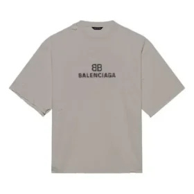 Men”s Balenciaga Mosaic Logo BB Alphabet Loose Hole Distress Short Sleeve Gray 651795TKVF58174