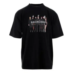 Men”s Balenciaga Oversize Logo Printing Retro Shoulder Drop Short Sleeve Black 620969TIVA11000