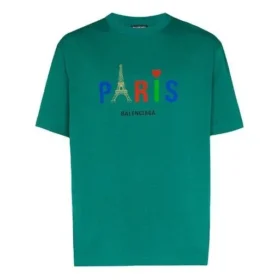 Men”s Balenciaga Paris Love Regular T-Shirt Printing Short Sleeve Green 594579TGV433640