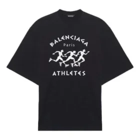 Men”s Balenciaga Running Pattern Printing Logo Loose Short Sleeve Black 641614TJVK61070