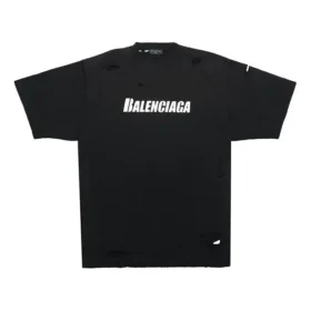 Men”s Balenciaga SS21 Alphabet Printing Pattern Hole Round Neck Short Sleeve Black 651795TKVB81070