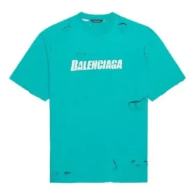 Men”s Balenciaga SS21 Alphabet Printing Pattern Hole Round Neck Short Sleeve Green 651795TKVB84661