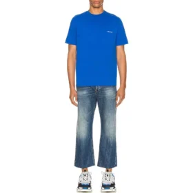 Men”s Balenciaga SS21 Alphabet Small Logo Short Sleeve Blue 556151TBV438077