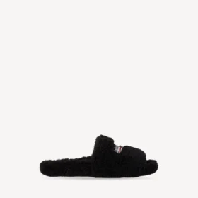 Men’s furry open mule in black/white/red