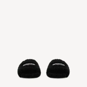 Men’s furry open mule in black/white/red