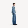 Men’s squeeze denim motorcycle jacket in dark blue